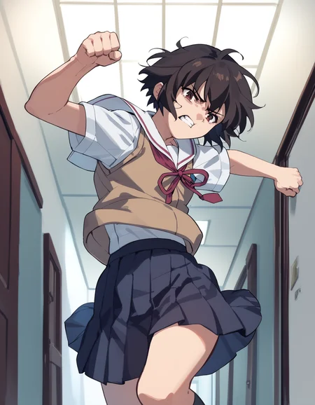 score_9, score_8_up, score_7_up, score_6_up, score_5_up, score_4_up
<lora:noir-2x-ponyxl-000016:1>
1girl, yuumura kirika, serafuku, white shirt, brown vest, short sleeves, pleated skirt,
kicking, hallway, angry