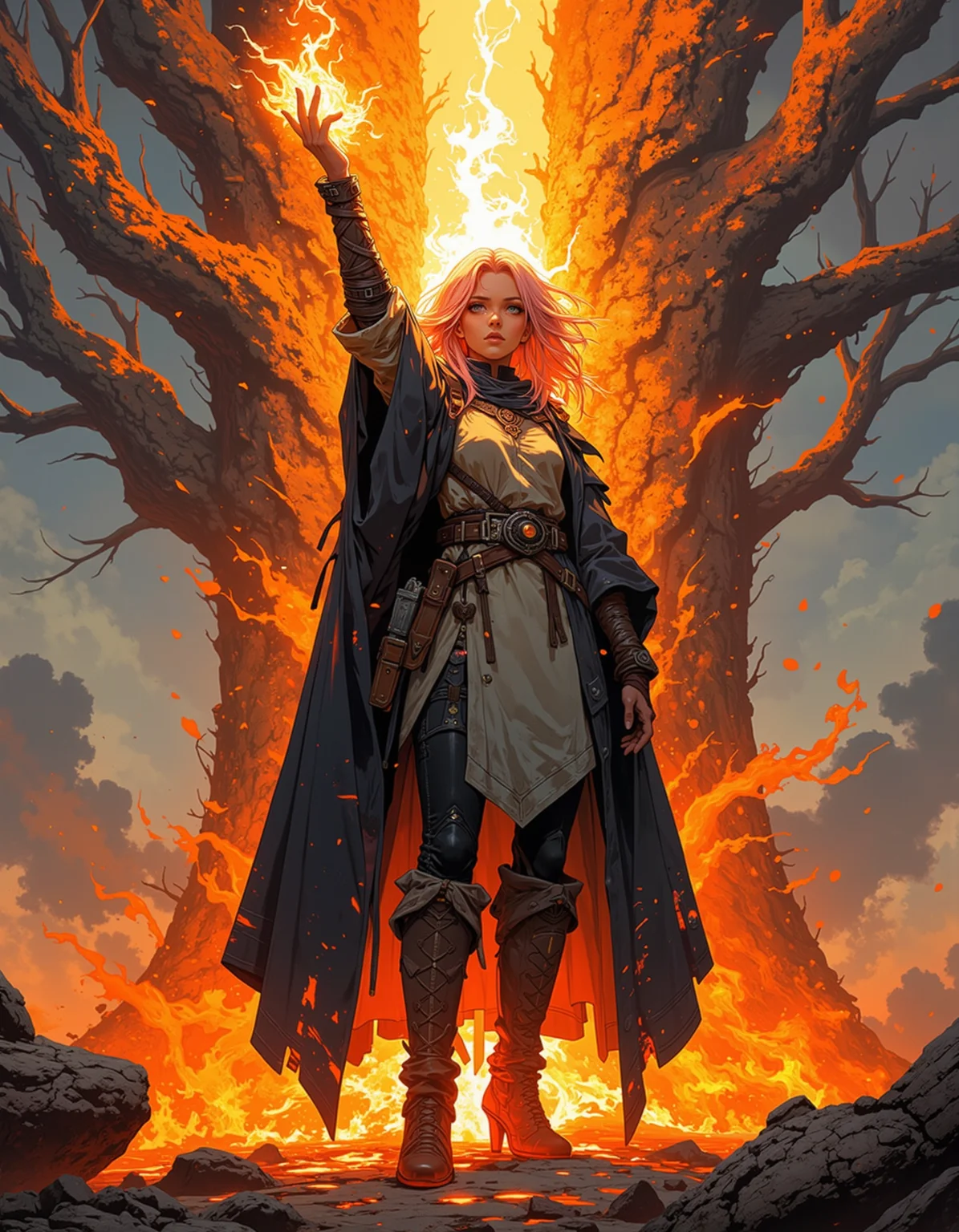 Melina, the enigmatic character from Elden Ring, stands in a full-body pose, her slender and stylized figure framed against a scene of raw power and destruction. Her muted, dusky pink hair, which barely grazes her shoulders, catches the glow of the flames as she raises one arm upward, invoking an inferno that wraps around her entire body. (Her legs are spread shoulder-width apart, grounding her as she prepares for the ritual.:1.2) Her expression is solemn, her gaze directed upward, eyes reflecting the intense fire she is summoning. She is looking at the sky, with her head up.
She wears a long, nearly black cloak, heavy and shadowed, enveloping her in a shroud of mystery. The cloak drapes down almost to her ankles, while her underlayer is a simple, worn tunic in a light beige or dusty brown, cinched at the waist, with accents that suggest a practical yet understated style. Beneath this, a hint of light gray fabric adds an extra layer of texture. Her tall, dark leather boots are well-worn but sturdy, fit for a seasoned traveler.
she is surrounded by fire, she is set on fire like a witch on the pyre, the ground on her feets is set on fire, looks a lot of fire on the foreground.
The flames enveloping her form crackle and twist, her entire being consumed by the fire. With one arm raised to the sky, she invokes a blazing torrent of fire. A beam of flame descends from above, enveloping her entirely.
Behind her, the massive, intertwined branches of the Erdtree glow with a golden brilliance as they are engulfed in flames, the embers spiraling into a sky painted with twilight hues and falling ash. The fiery glow clashes with the darkness of the tree, highlighting the apocalyptic beauty of the scene.
(photo realism, photo, extream details, intrincate textures, subsurface scattering, telephoto, f/1.8)
<lora:detailed_v2_flux_ntc:1> <lora:Anime art:1.0>