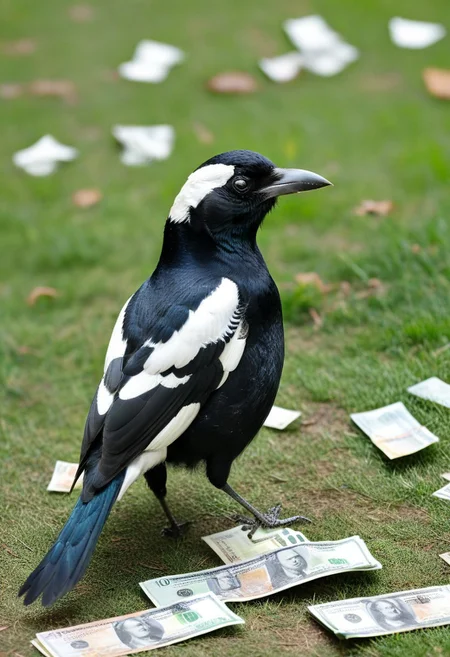 full body shot nature photography of an Australian magpie,
(in its beak is a money-roll of U.S. $100 bills),
a mysterious photo suggesting the bird found the cash somewhere and picked it up and flew away with the money, astounding steal by the magpie,
highest quality, OverallDetailXL