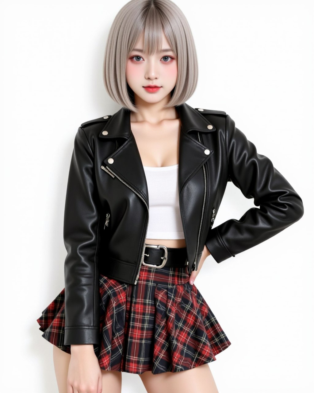phonypony, A hyper-realistic digital drawing,1girl, 1girl, a pretty Asian, 26 years old, gray eyes, pale porcelain skin, chin‑length silver blunt bob, (she is wearing a black leather biker jacket and high‑waisted plaid mini‑skirt), she is pear‑shaped with strong thighs and a small bust,  Shot in semi-realistic style, emphasizing textures, rendered in vibrant digital color palette. 
