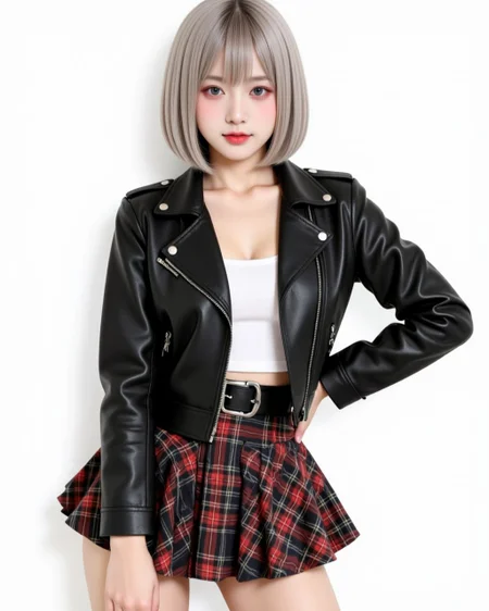 phonypony, A hyper-realistic digital drawing,1girl, 1girl, a pretty Asian, 26 years old, gray eyes, pale porcelain skin, chin‑length silver blunt bob, (she is wearing a black leather biker jacket and high‑waisted plaid mini‑skirt), she is pear‑shaped with strong thighs and a small bust, Shot in semi-realistic style, emphasizing textures, rendered in vibrant digital color palette.