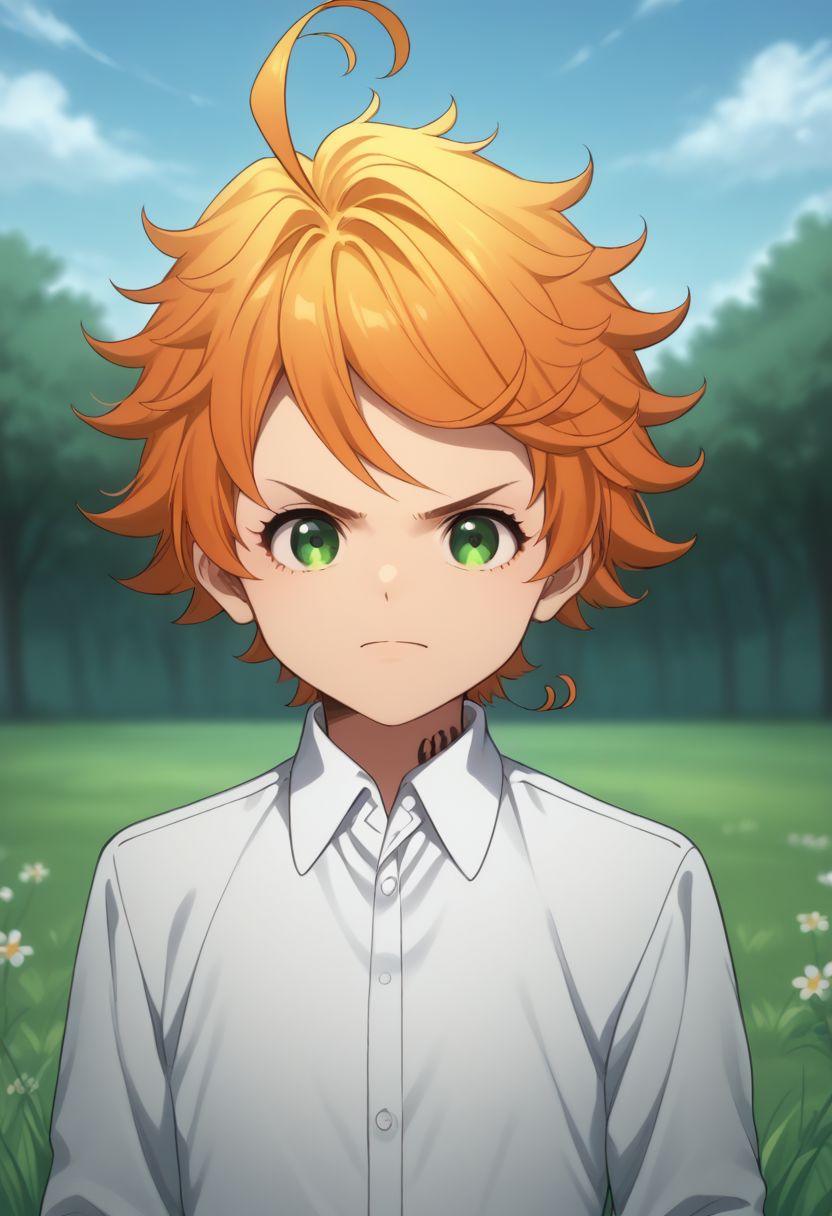 score_9, score_8_up, score_7_up, source_anime, highly detailed, 
emma, 1girl, shirt, green eyes, short hair, white shirt, orange hair, ahoge, solo, number tattoo, long sleeves, upper body, closed mouth, collared shirt, frown, neck tattoo, v-shaped eyebrows,
outdoor, grass, sky,