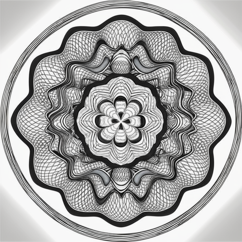 <lora:cx_V0:1>,The design consists of multi-layered geometric shapes that radiate symmetrically from the center,forming intricate patterns. The patterns should feature gradually changing lines,which can be straight,wavy,or spiraled. Please use a harmonious color palette,predominantly cold tones. The entire image should evoke a sense of meditation and relaxation,akin to a finely crafted mandala or a meticulous currency security thread pattern,successive orderly beautifulmeticulous Bessel curve of money,cline,monochrome,