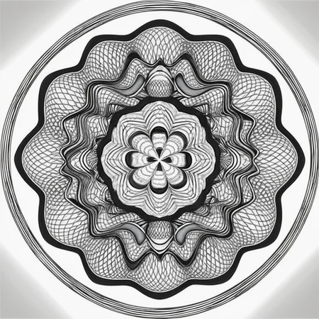 <lora:cx_V0:1>,The design consists of multi-layered geometric shapes that radiate symmetrically from the center,forming intricate patterns. The patterns should feature gradually changing lines,which can be straight,wavy,or spiraled. Please use a harmonious color palette,predominantly cold tones. The entire image should evoke a sense of meditation and relaxation,akin to a finely crafted mandala or a meticulous currency security thread pattern,successive orderly beautifulmeticulous Bessel curve of money,cline,monochrome,