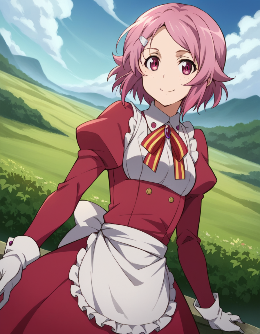 score_9, score_8_up, score_7_up, source_anime,
rikashinozaki, <lora:rika-shinozaki-s1-ponyxl-lora-nochekaiser:1>,
rika shinozaki, short hair, hair ornament, pink hair, hairclip, pink eyes, freckles, parted bangs,
long sleeves, ribbon, neck ribbon, puffy sleeves, juliet sleeves, collar, gemstone, gloves, dress, red dress, frills, apron,
outdoors, landscape, smile,
looking at viewer, cowboy shot, solo, dutch angle,
