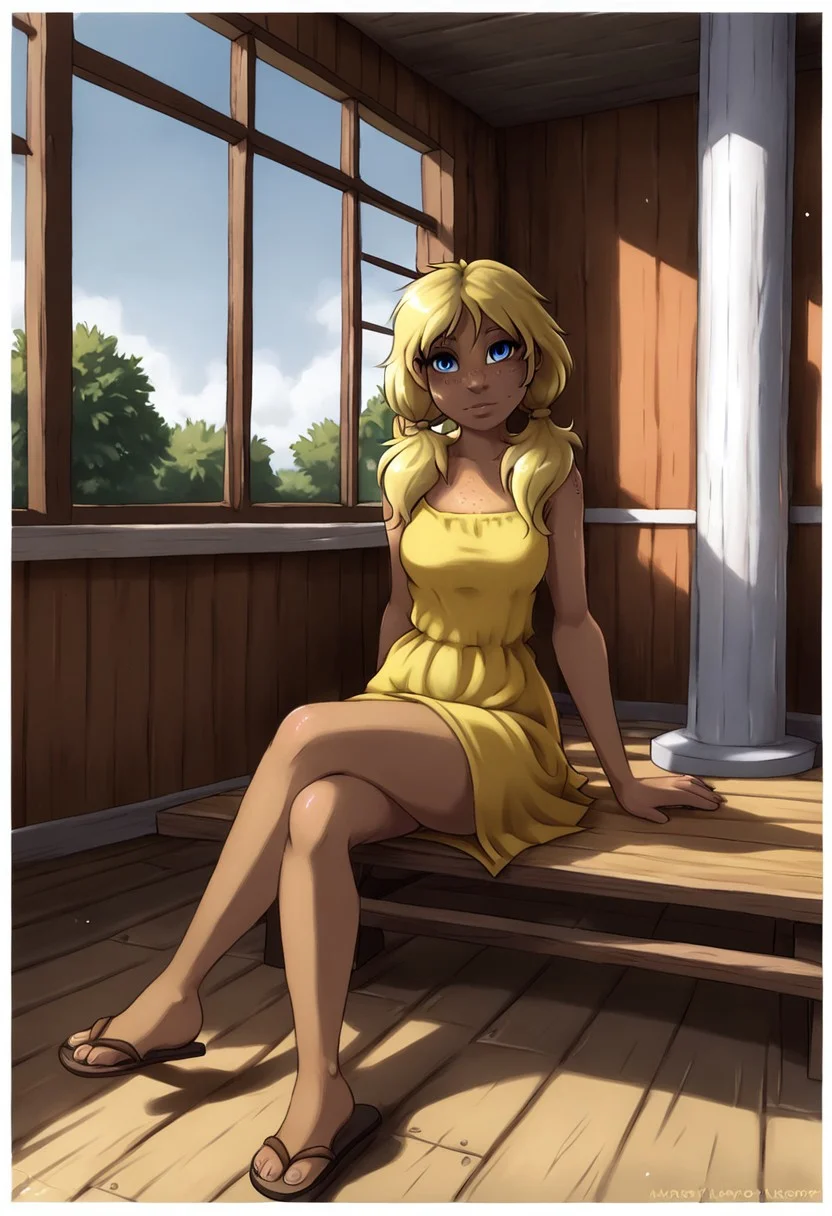 score_9, score_8_up, score_7_up, score_6_up, masterpiece, High resolution, ((jay_naylor_style)), ((cartoon style)), dynamic angle, front view, 1girl, solo
BREAK, marryannpxljay, tanned skin, blonde hair, blue eyes, freckles, freckles on the chest, twintails, low twintails, natural tits, realistic skin, deep neckline,  sits in a rocking chair, sits on chair, medium tits, pearky breasts, (((offgrid house terrace outside))), enjoys the evening sun on her terrace, looks at viewer, wears a ((yellow summer dress)), side table, lemonade on the side table, a carave and a glass, brown sandals, legs crossed over each other,
BREAK,
((background wooden plank floor, white wooden pillars, light blue wooden wall of the cabin, white framed window)),