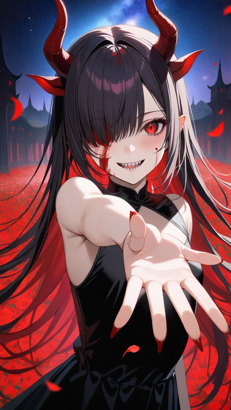 masterpiece, best quality,  1girl, teen , flat chest   , demon,  black hair, hair over one eye, mole, horns,  sharp teeth,  blurry background, dark fantasy, Celestial garden, blooming stars background, (blood on face), blood on clothes, horror, lycoris, red flower, red petals, black Shift Dress, reaching out, smiling