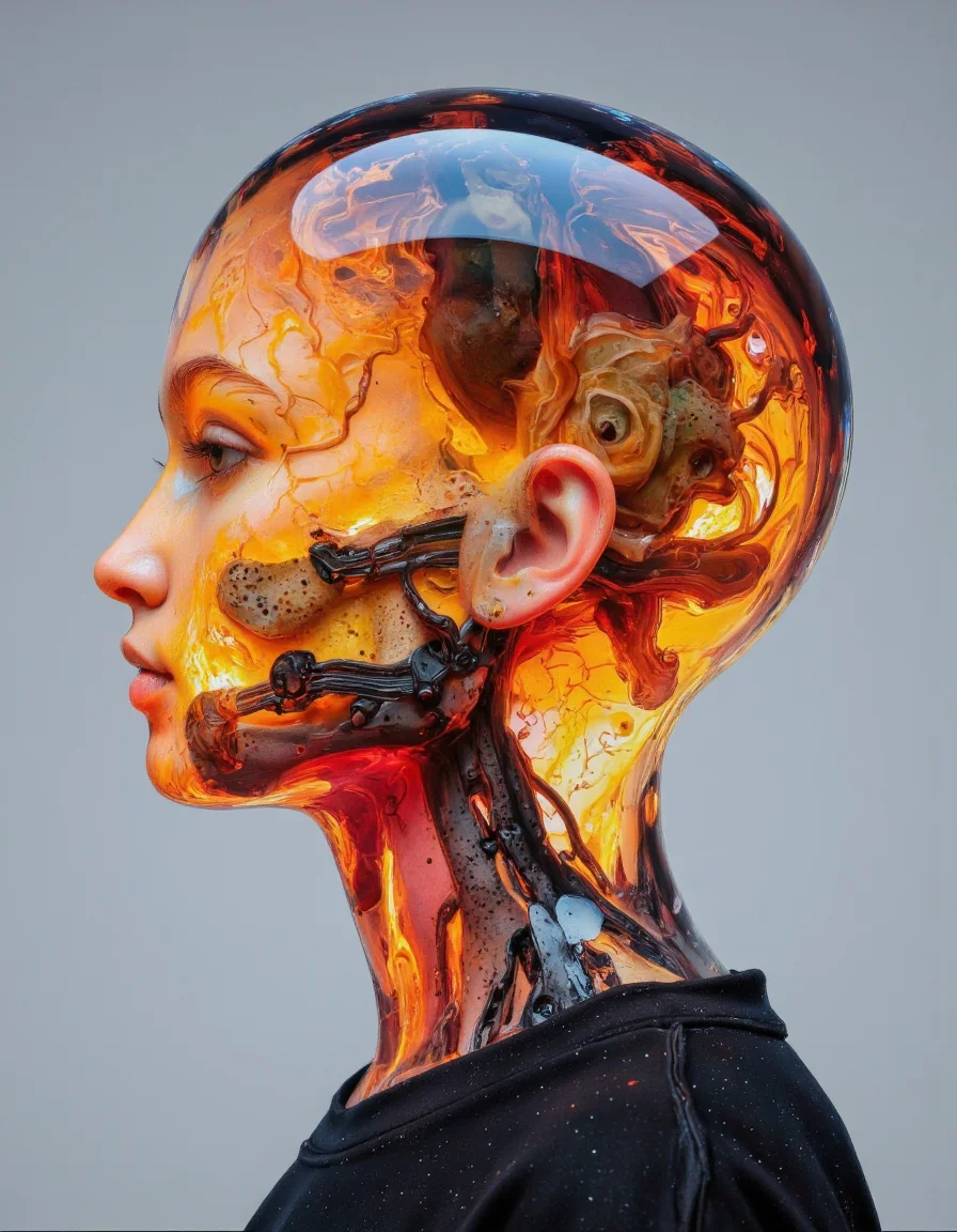 Delirium style. This is a highly stylized, digital artwork featuring a futuristic, abstract depiction of a humanoid figure. The subject's head is rendered in a mesmerizing, glowing, translucent material that seems to be a blend of organic and mechanical elements. The face and neck are encased in a clear, glass-like material, filled with intricate, swirling patterns of orange, red, and yellow hues, suggesting a mix of biological and technological components. The colors transition smoothly, with the warm, fiery tones at the top gradually blending into cooler, more muted shades towards the bottom. <lora:Bonafida.Studio:1>