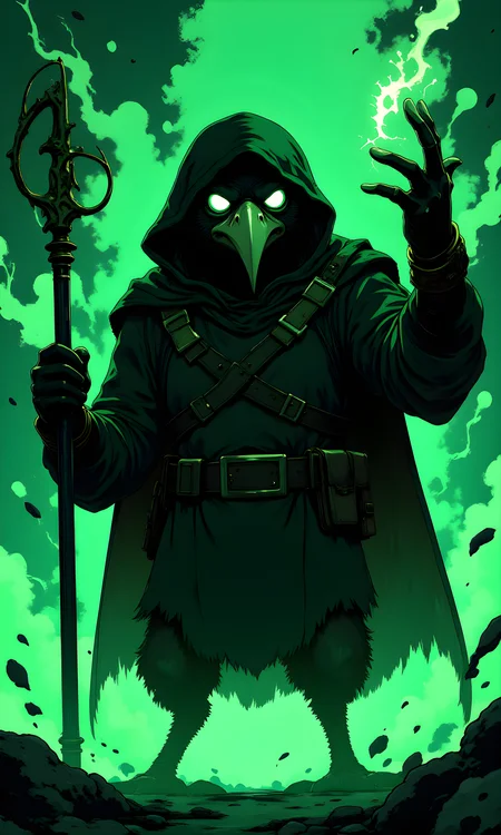The subject of the image is a large, anthropomorphic bird-like creature with a menacing and mysterious appearance. The creature has a sharp, hooked beak and glowing green eyes that give it an eerie and intimidating presence. It is dressed in dark clothing, including a cloak and gloves, which adds to its enigmatic and possibly villainous character.
The facial expression of the creature is intense and somewhat sinister. Its eyes are wide open, with a piercing gaze that seems to stare directly at the viewer. The overall expression conveys a sense of power, intelligence, and perhaps a hint of malevolence.
The creature is standing upright, with one hand raised as if it is casting a spell or performing some kind of ritual. The other hand is holding a staff or wand, which suggests that it possesses magical abilities. The pose is dynamic and commanding, emphasizing the creature's strength and authority.
The creature is wearing a dark, hooded cloak that covers most of its body, leaving only its head and hands visible. The cloak is adorned with various straps and buckles, adding to the creature's rugged and battle-ready appearance. The gloves on its hands are also detailed, with visible stitching and seams.
The camera is positioned at eye level, capturing the creature from a frontal perspective. This angle allows for a clear view of the creature's face and upper body, highlighting its features and attire. The framing focuses on the creature's face and the details of its clothing, drawing the viewer's attention to its intense gaze and the staff it is holding.
The lighting is dramatic and moody, with a strong green hue dominating the scene. The light highlights the creature's features and the texture of its feathers, while the shadows add depth and dimension to the image. The overall lighting creates a mysterious and otherworldly atmosphere.
The background is filled with swirling green mist and abstract shapes, which contribute to the mystical and supernatural feel of the image. The colors and forms in the background are fluid and dynamic, suggesting a realm of magic and fantasy.
The composition is well-balanced, with the creature centrally framed. The lines of the staff and the direction of the creature's gaze lead the viewer's eye towards its face, emphasizing its powerful presence. The background elements, such as the green mist and abstract shapes, are arranged in a way that complements the creature without distracting from it. The overall composition is harmonious and visually striking, capturing a moment of intense focus and power in a fantastical setting.
BREAK j_art, <lora:FLUX\jul\J_Anime:1.0>, <lora:FLUX\RetroAnimeS1.1:0.0>, <lora:FLUX\GLSHS:0.0>, <lora:FLUX\Dieselpunk Delight - s0_9 g4:0.0>