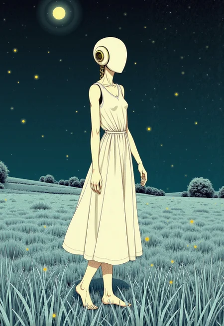 Retro shojo manga illustration, detailed inks, screentone, faceless android. Delicate frame, wearing a simple, flowing white dress, standing barefoot in a field of tall grass under a starry night sky. Minimal cybernetics visible, perhaps subtle connection ports at the temples or neck. Lighting is soft moonlight, creating gentle highlights and soft shadows, fireflies glowing around it. Set against a peaceful, natural landscape. Focus on ethereal beauty, melancholic serenity, detailed linework.