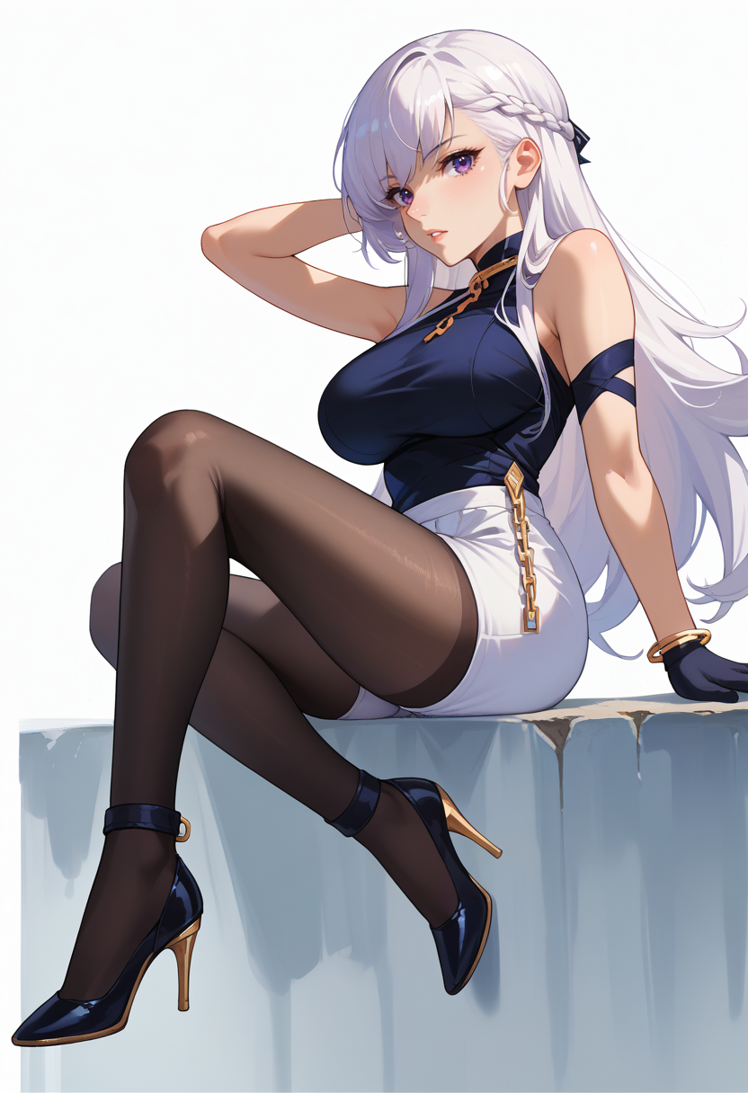 score_9, score_8_up, score_7_up, source_anime, <lora:wrenchbelfastthenobleattendant:1>, beltna, bangs, white hair, french braid, large breasts, long hair, purple eyes, sidelocks, 
chain, bracelet, jewelry, 
female, ankle strap, arm strap, arm support, bare shoulders, black footwear, black gloves, black pantyhose, black shirt, from side, knee up, leg up, long hair, (looking at viewer:1.1), outstretched leg, parted lips, plantar flexion, profile, shorts, simple background, sitting, sleeveless shirt, solo, stiletto heels, thighs, white background, white shorts, looking sideways, hands behind head,