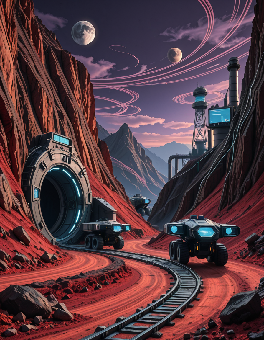 A futuristic mining outpost on a distant, rocky planet with a harsh, alien landscape. The mine entrance is a massive, reinforced metal tunnel carved into the side of a jagged, dark-red mountain. Advanced, glowing blue energy lights line the entrance, illuminating the metallic tracks that lead deep underground. Large, heavily-armored mining vehicles with mechanical arms and drills are stationed nearby, extracting rare minerals from the rock. The ground is covered in fine, reddish dust, kicked up by the movement of autonomous robotic drones that transport ore to a towering industrial refinery in the background. The sky is a deep, dark purple with swirling clouds and two distant moons casting a cold, eerie glow. In the distance, futuristic habitation domes with transparent walls house workers in protective exosuits, their silhouettes visible inside. A neon-lit control tower monitors operations, its holographic screens displaying real-time data. The atmosphere is both desolate and technologically advanced, evoking a sense of exploration and survival on the edge of the galaxy.
<lora:SDXLFaeTastic2400:0.4> <lora:extremely_detailed:0.4> extremely detailed,futuristic mining 0utp0st, <lora:futuristic_mining_0utp0st-i:1>, Masterpiece,best quality,hi res,8k,hi res,8k,award winning,(sharp focus, intricate, highly detailed),