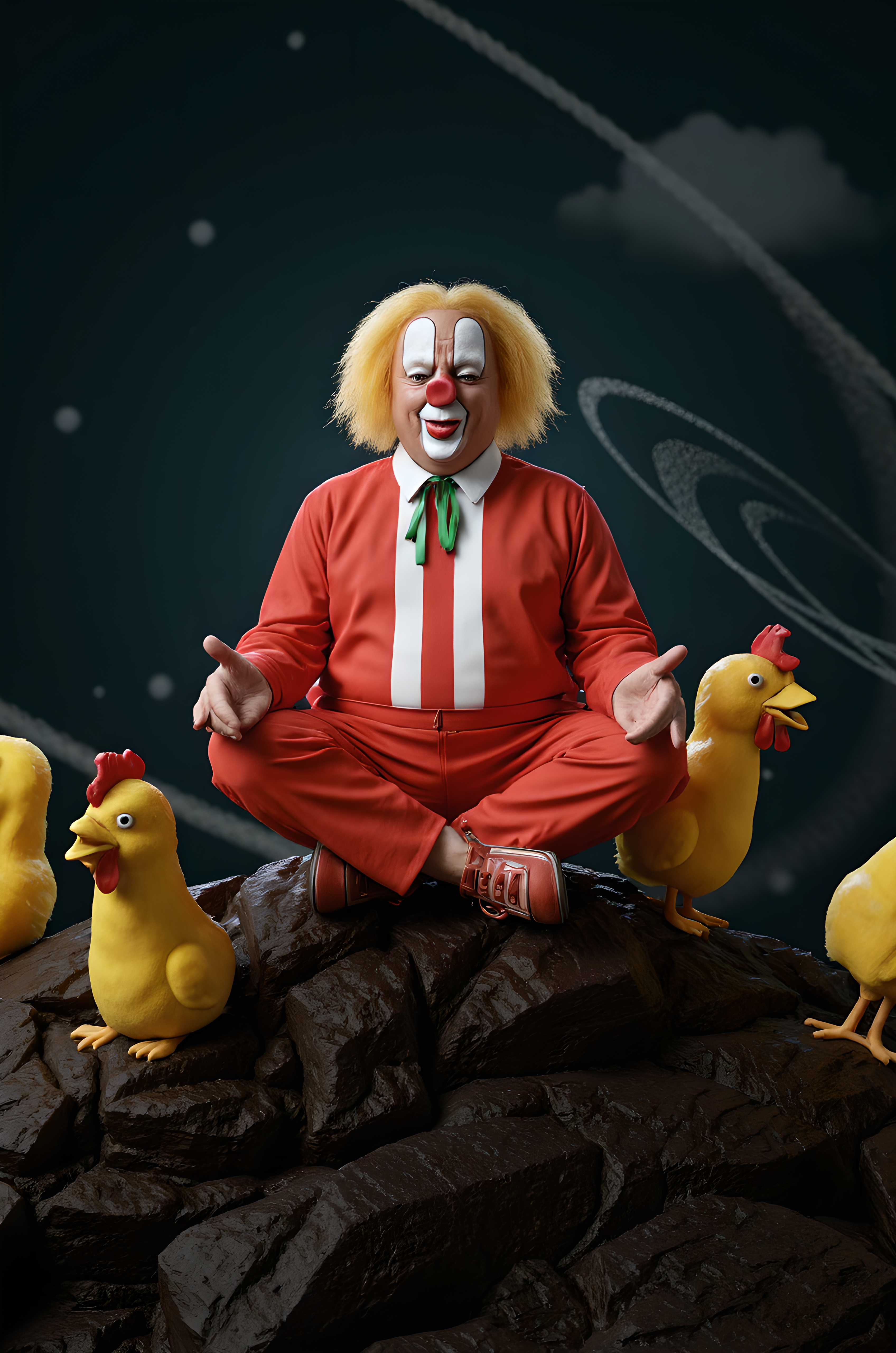 professional 3d model <lora:Bassie:1.4> Bassie the clown sitting cross-legged like a serene monk on top of a mountain, with clown shoes and a red nose, meditating as rubber chickens orbit him like planets. . octane render, highly detailed, volumetric, dramatic lightingâââ