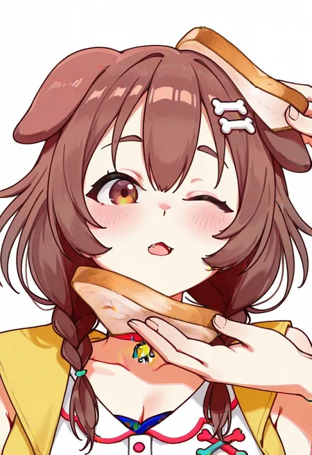 idiotsandwichalt,
1girl,1other, inugami korone, solo focus,
holding food,
bread slice, pov hands,
upper body,
one eye closed,
blush, open mouth,
white background, simple background,