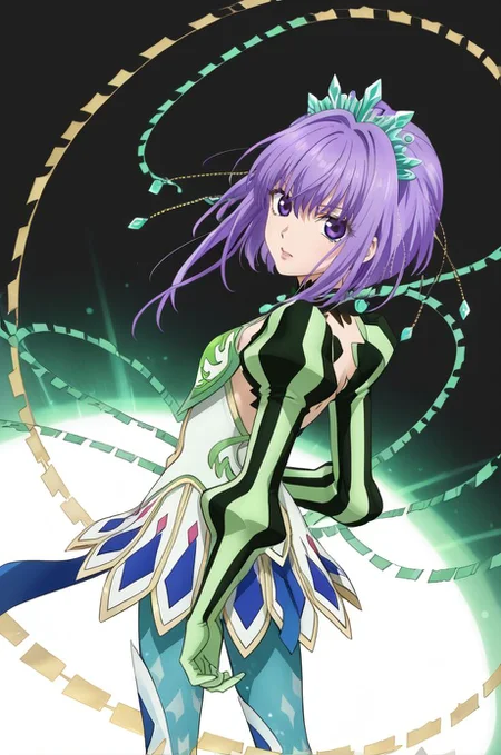 <lora:add-detail-xl:1>source anime, detailed, official art, masterpiece,
<lora:HandFineTuning_XL:1>
BREAK,
white background,
standing, emotionless, dynamic pose, dynamic angle, (from behind:0.6), (from side:0.6), looking back,
BREAK,
<lora:littlequeen_pdxl_v01:0.8>littlequeen, purple hair, purple eyes, sidelocks, short hair, green dress, hair ornament, puffy sleeves, clothing cutout, tight pants, white tight pants, white footwear, chain,