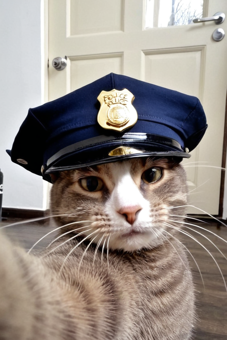 cat makes selfie, looks in camera,solo, police hat
