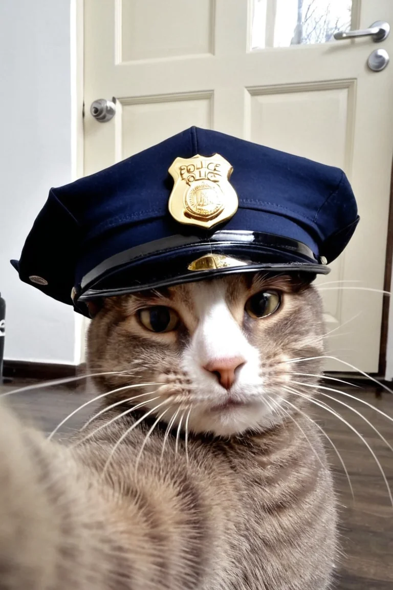 cat makes selfie, looks in camera,solo, police hat