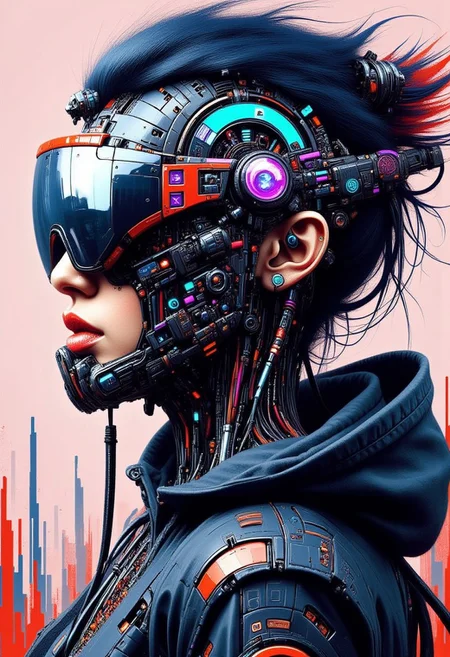 masterpiece, ((inkpunk cell-shaded style)), realistic painting, portrait of a beautiful cyberpunk girl, cyberpunk headgear, mad-cybrpnkimprss