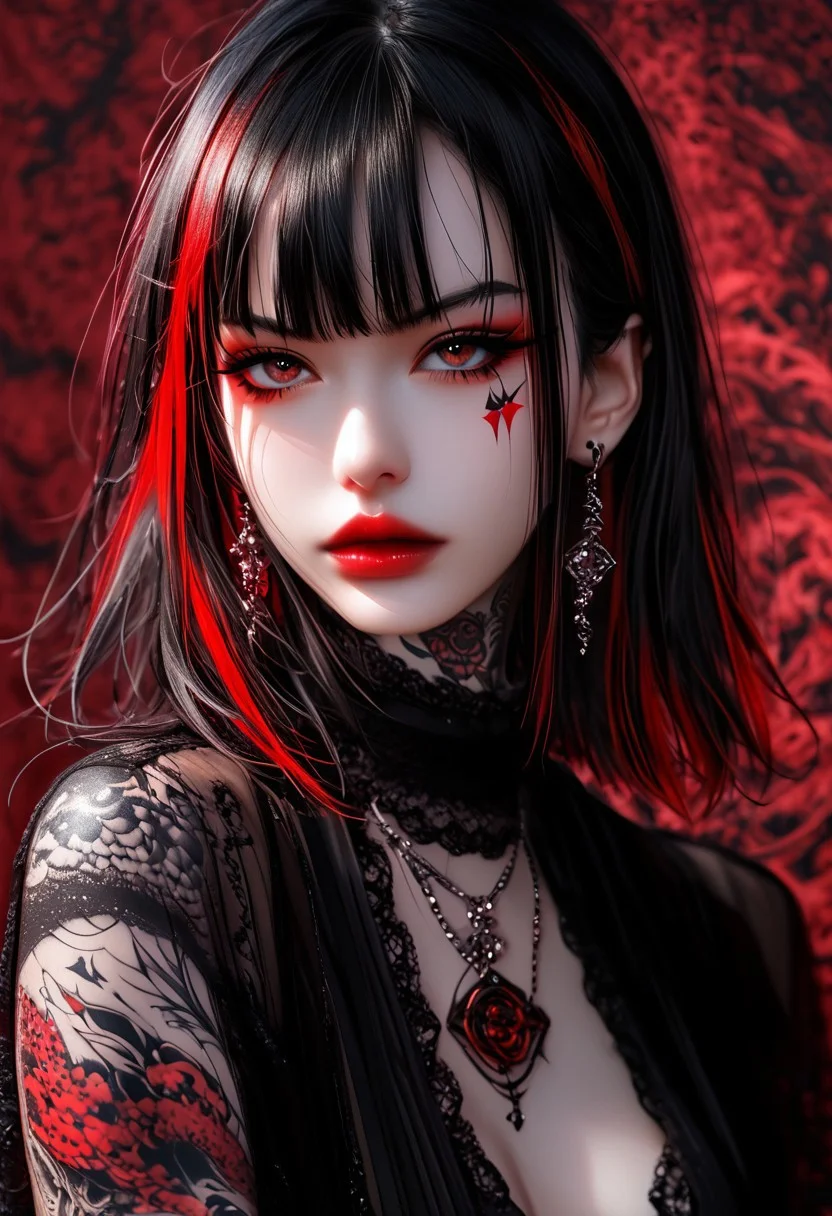pen and ink drawing in black and red, vibrant, beautiful, detailed, textural, artistic, concept art, close up on face, masterpiece, <lora:add-detail-xl:1>, great lighting, BREAK, closeup portrait of stunning chinese Goth girl 1girl, medium black hair with red streak, bangs, tattoos, earrings, red lips, mascara, eye-liner, necklace, see-through lace blouse, no bra, abstract background