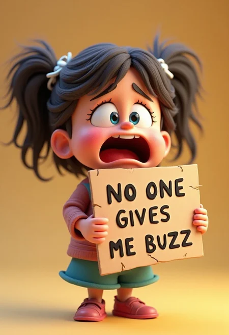crying little girl holding a sign saying "no one gives me buzz",cartoon 3d style