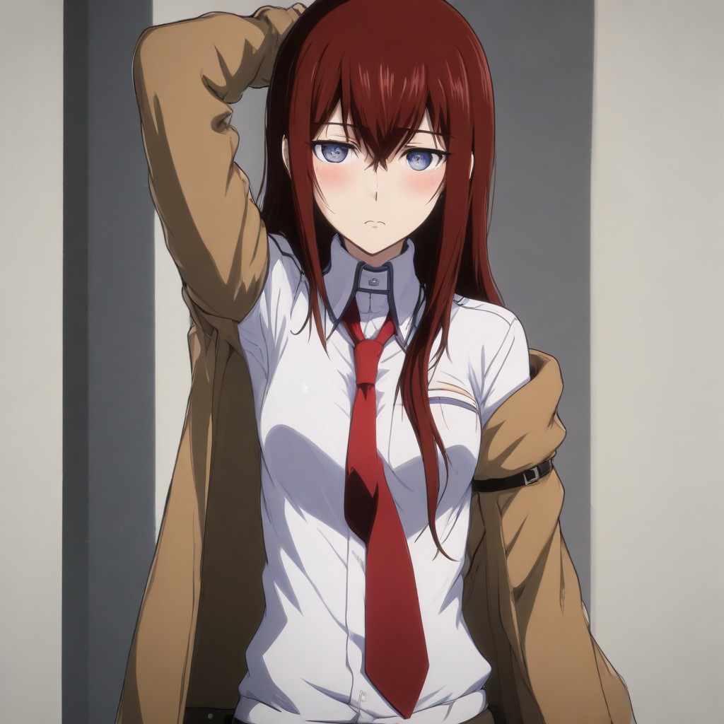 A naughty image of Makise Kurisu standing one arm up showing her navel and sexy body , Anime style , jacket , arm up, navel, blush, red necktie, belt, White shirt, Large boobs, , Shorts, looking at viewer,