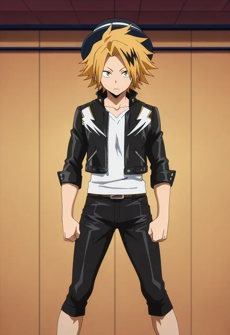 masterpiece, best quality, , anime screencap, , official style, , , 1boy, solo, male focus, <lora:denki_kaminari_ilxl:0.92>, denki_kaminari, blonde hair, yellow eyes, short hair, spiked hair, multicolored hair, two-tone hair, black hair, streaked hair, , Capri pants, Leather jacket, Brogues, Bowler hat,