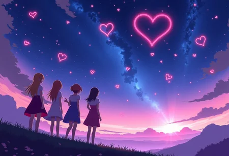 A magical anime girl squad using their powers to create a sky filled with floating heart-shaped constellations for a grand Galentine’s celebration.