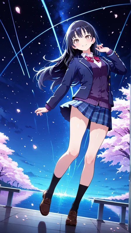 masterpiece, 1girl, solo, scenery, (detailed eyes), (high definition eyes), (high gradient eyes), (eyesHD), (best quality:1.4), (amazing quality:1.3), very aesthetic, (blush), shiny skin, ambience, Shiny Eyes, Shiny Skin Thighs, hips swaying, BREAK, (Yamada_Anna), black hair, brown eyes, long hair, sidelocks, anime coloring, skin_clean, shiny_skin, night, midnight, looking at the sea, BREAK, cherry blossoms background, leaning back, leaning to the side, smile, very long hair, free pose, delicate skin texture, fair skin, delicate face, pastels, bright tones, wind, light particles, light, bright tones, motion lines, extremely detailed, intricate, delicate details, movie lighting, very beautiful, absurd, dynamic graphics, dynamic angles, special movements, dynamic poses, action poses, dynamic movements, (Illustration: 1.2), (8K Wallpaper), (Beautiful, pretty eyes: 1.2), Delicate eyes, beautiful, soft colors, clear line, project sekai, soft, pastel, colorful, BREAK, school uniform, blue skirt, long_sleeve, blazer, open blazer, close blazer, white shirt, pleated skirt, collared shirt, sweatdrop, pocket, blue jacket, cardigan, purple cardigan, black socks, loafers, brown footwear