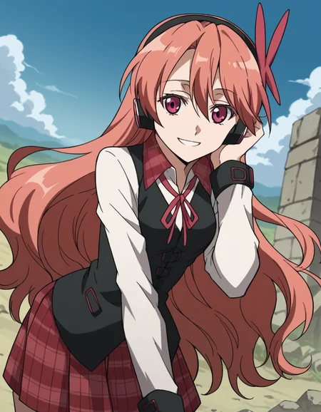 score_9, score_8_up, score_7_up, source_anime,
agkchelsea, <lora:agk-chelsea-s1-ponyxl-lora-nochekaiser:1>,
chelsea, pink eyes, hair between eyes, long hair, pink hair, straight hair,
collared shirt, diagonal stripes, dress shirt, hair ornament, headphones, long sleeves, neck ribbon, plaid, plaid skirt, pleated skirt, red ribbon, red skirt, ribbon, shirt, skirt, striped, vest, white shirt, wing collar,
wasteland, smile, bent over,
cowboy shot, solo, dutch angle, looking at viewer,