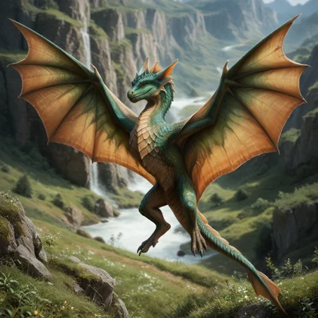 score_9, score_8_up, score_7_up, score_6_up, masterpiece, high quality, realistic, detailed, best quality, 1girl, solo, rating_safe, source_furry, outdoors, flying, smiling, looking at viewer, spread wings, wyvern, scales, wings, tail, 1boy, male, green scales, green eyes, feral, full body, detailed eyes