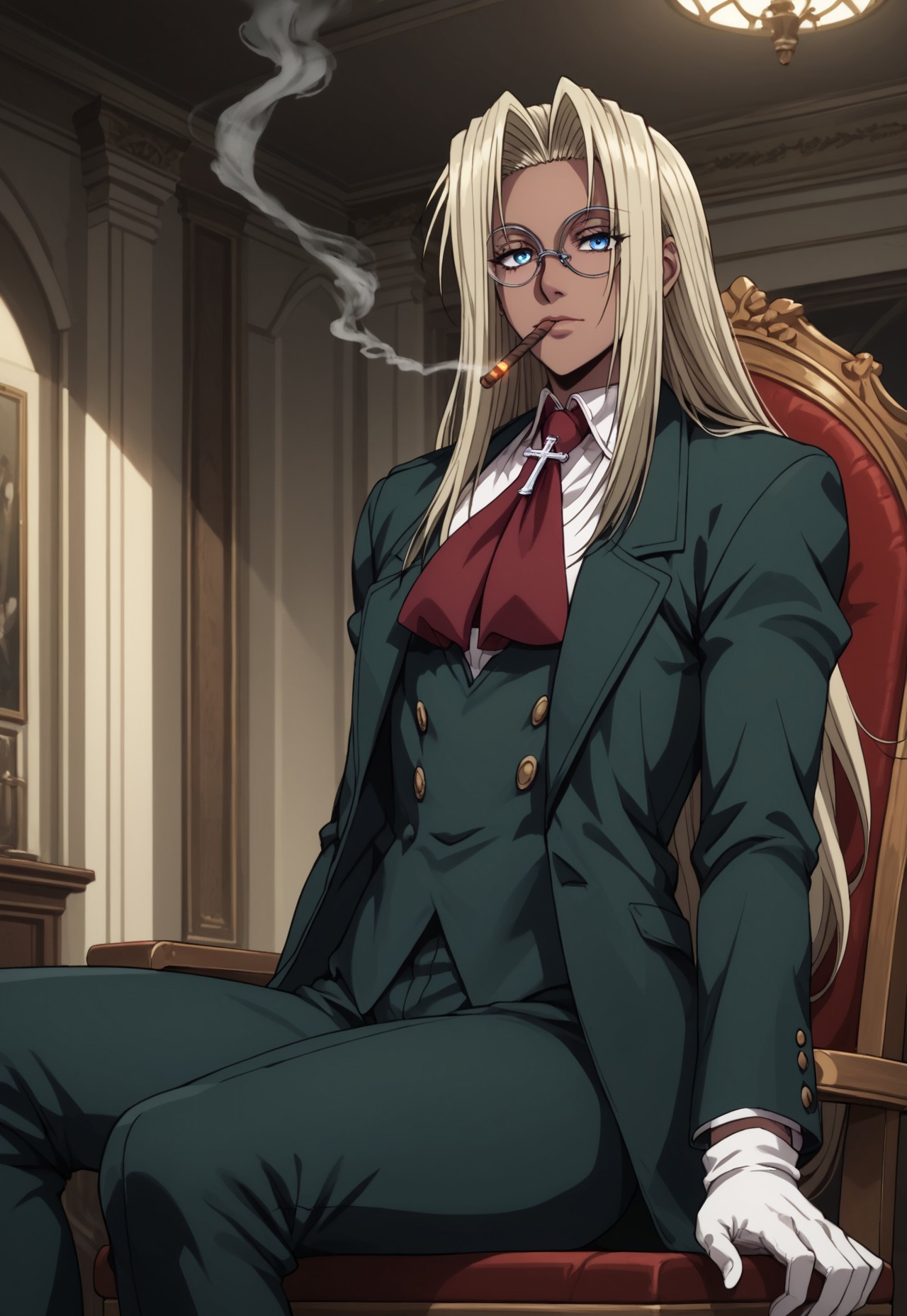 score_9, score_8_up, score_7_up, masterpiece,best quality,amazing quality, IntegraHellsing, 1girl, solo, blonde hair, very long hair, dark skin, blue eyes, glasses, round eyewear,red ascot, cross, green jacket, white shirt, white gloves, green suit, green pants, sitting, chair, interlocked fingers, cigar, smoking, mouth hold, smoke, indoors, manor, day, perspective, dynamic pose,