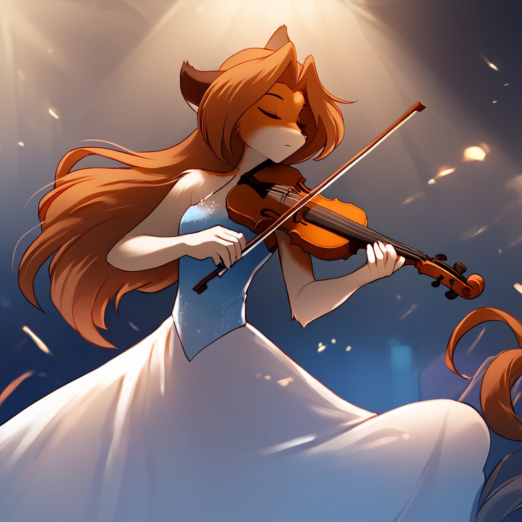 score_9, score_8_up, score_7_up, masterpiece, best quality, good quality, highly detailed, absurdres, smooth, Expressiveh, concert hall, spotlight, 1 girl, solo, laura-twokinds, anthro, long dress, bare shoulders, playing-violin, violin, holding, bow \(music\), playing violin, closed eyes