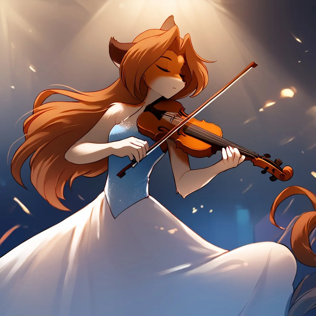 score_9, score_8_up, score_7_up, masterpiece, best quality, good quality, highly detailed, absurdres, smooth, Expressiveh, concert hall, spotlight, 1 girl, solo, laura-twokinds, anthro, long dress, bare shoulders, playing-violin, violin, holding, bow \(music\), playing violin, closed eyes