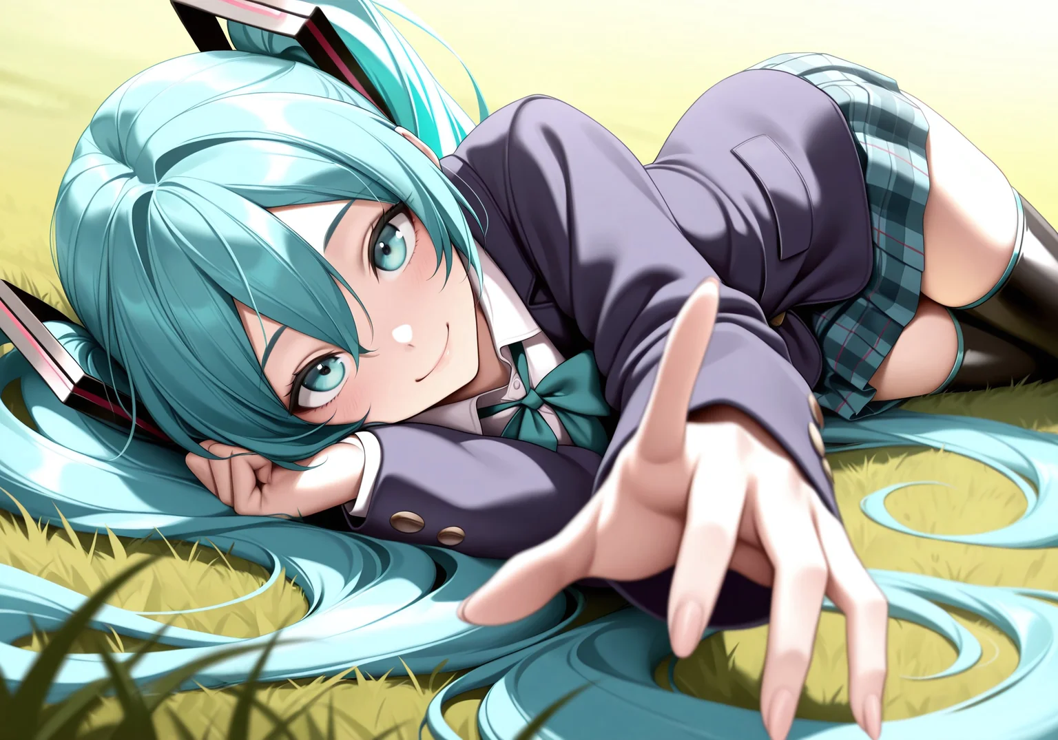 hatsune miku, 1person only,
one hand reach out to the audience, ((look at the viewer)), sit, smile, upper body, on side, depth field, lay on grassland
absurdly long hair,aqua hair,twintails,hair ornament, sidelocks, hair between eyes,parted bangs,aqua eyes, fringe, black thighhighs, beautiful eyes, bright lens
wearing Jedschu2, school blazer, ribbon tie, plaid skirt,