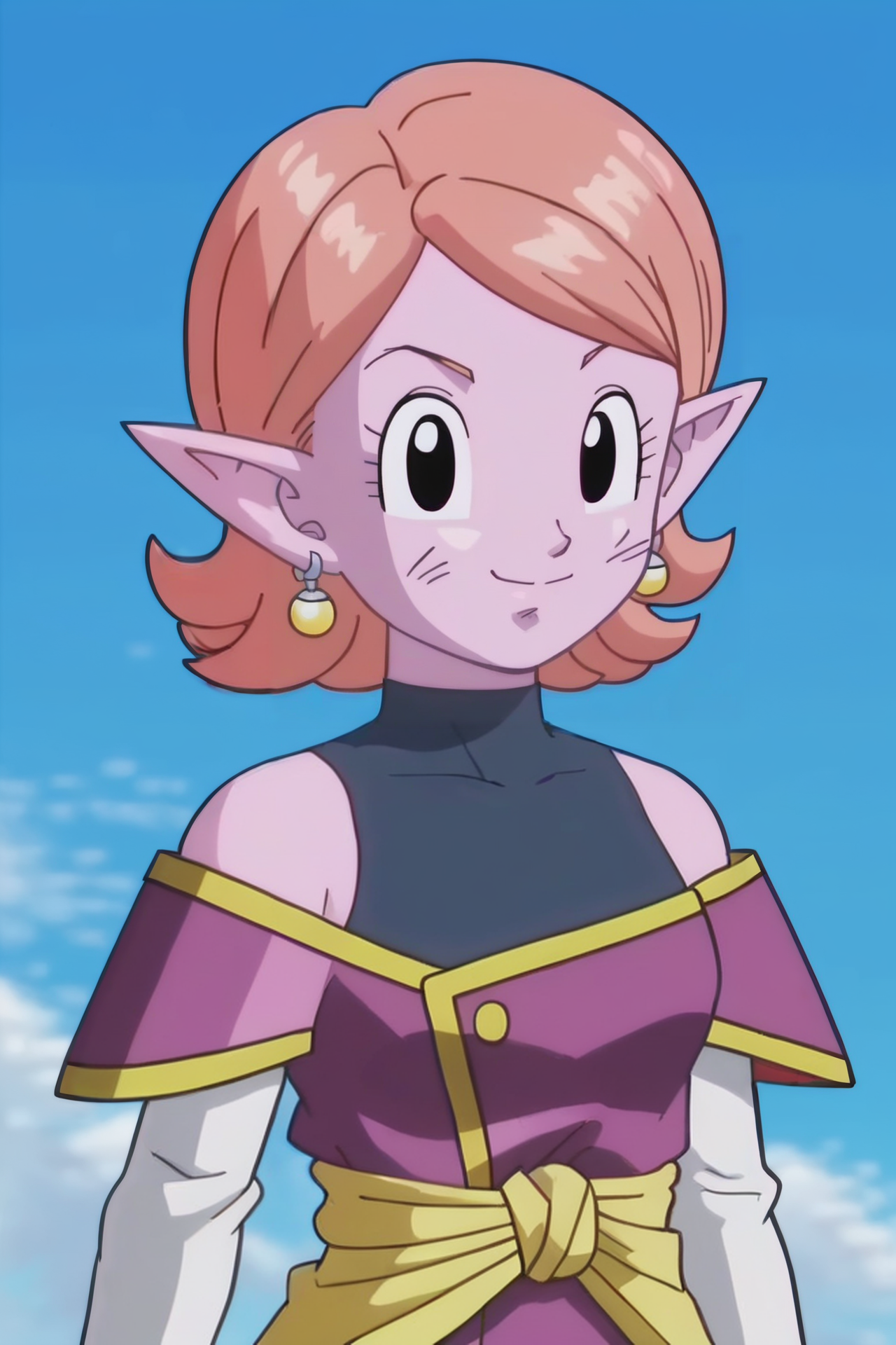 source_anime, score_9, score_8_up, score_7_up, anime screencap,8k, absurdres, 
chronoa, 1girl, solo, looking at viewer, smile, short hair, bare shoulders, potara earrings, closed mouth, upper body, orange hair, pointy ears, black eyes, blue sky, colored skin, purple skin, collarbone, dirty face, small breasts, arms by side, eyelashes, detached sleeves, kai tunic, official style, purple tunic, sleeveless turtleneck leotard, white sleeves, yellow sash, off shoulder,
 <lora:chronoa_pony_v1:0.8>