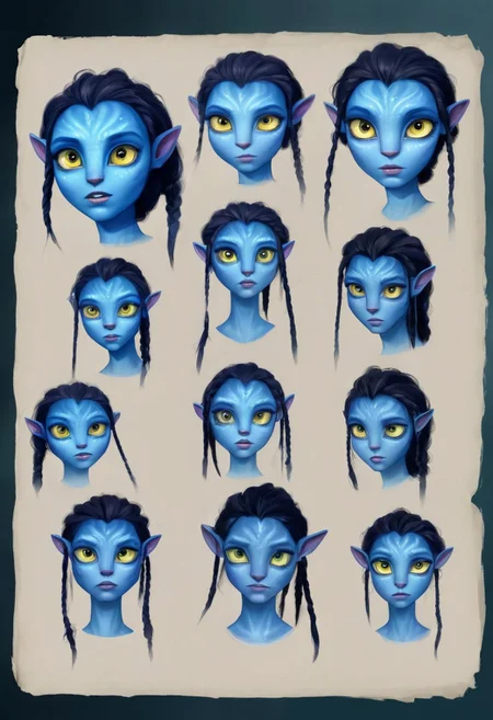 Character Design page of a young female Avatar navi alien with blue skin