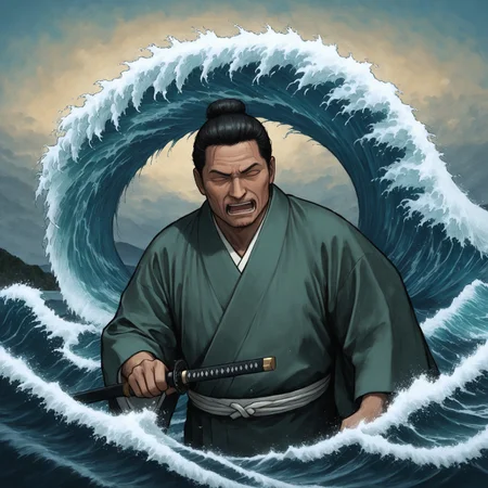 lukch, painting_\(medium\), upper body, facing viewer, looking back fleeing, kimono, nihonga, waves, unworn katana