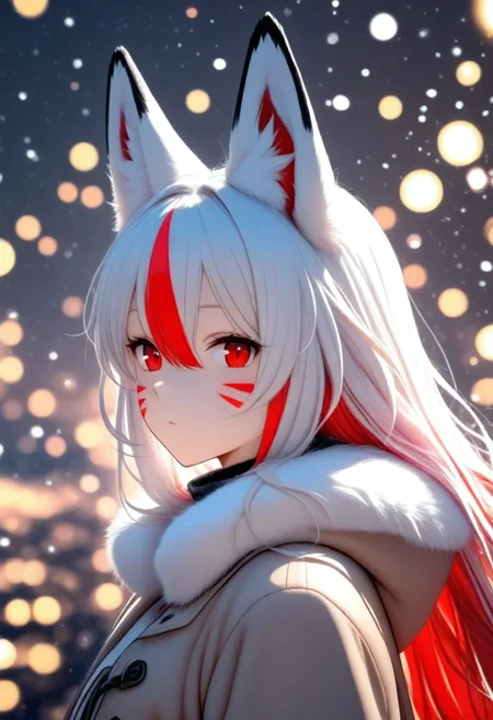 <lora:illustriousXL_stabilizer_v1.93>1girl,fox ears,red eyes,white hair,red hair,long hair,hair between eyes,multicolored hair,red whisker markings,fur trim,upper body,from side,snowing,bokeh,masterpiece,best quality,looking at viewer,
