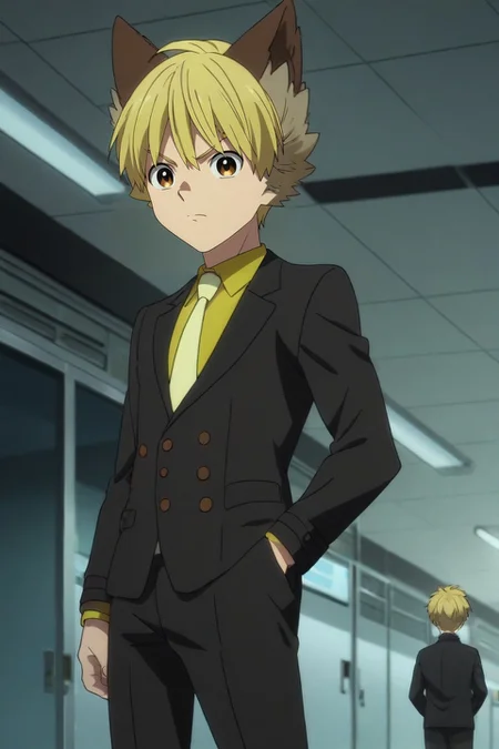 score_9, score_8_up, score_7_up, , rating_safe, , anime screencap, anime coloring, official style, looking at viewer, , 1boy, solo, male focus, <lora:nobimaru_kemono_jihen_pony:0.74>, nobimaru_kemono_jihen, blonde hair, brown eyes, short hair, , animal ears, formal, suit, yellow necktie, wide angle, wide shot, cowboy shot, airport, indoors, pose, angry, , <lora:sdxl_lightning_8step_lora:1>
