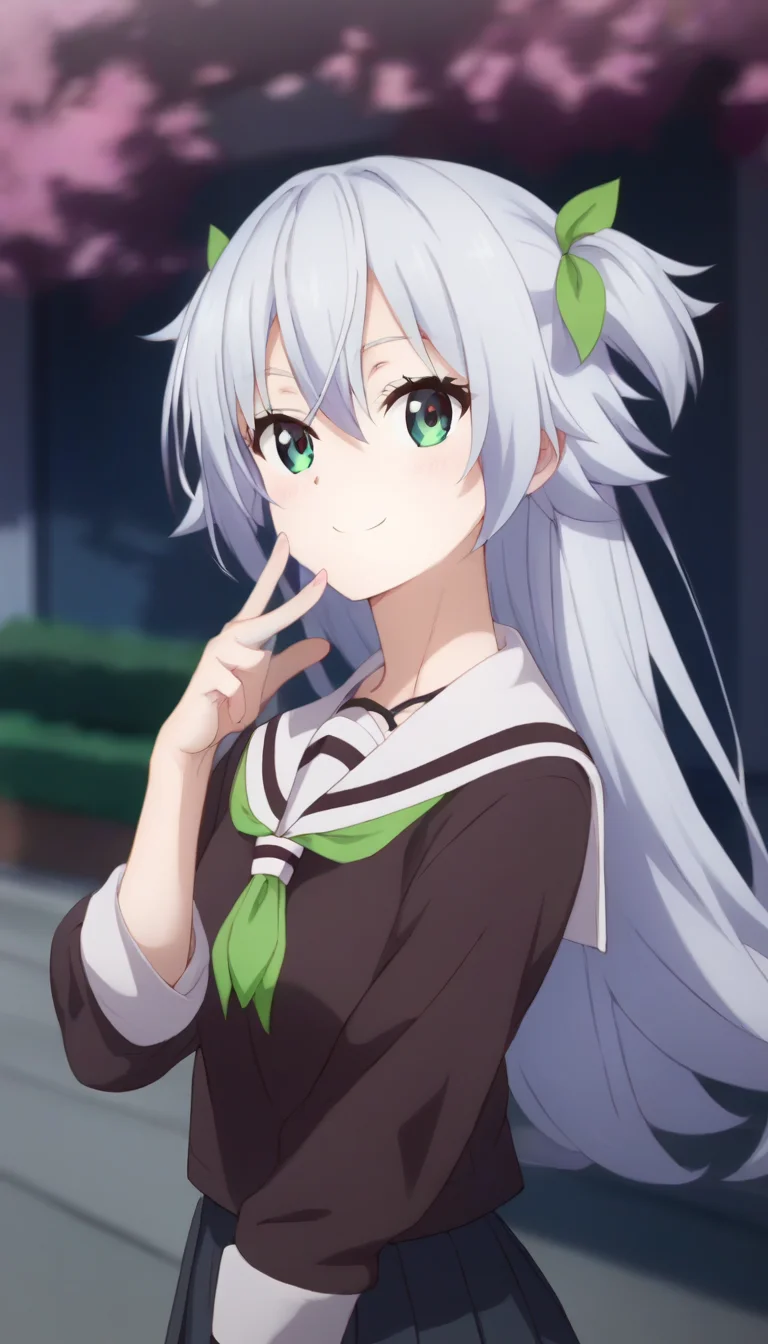 score_9,score_8_up,score_7_up,score_6_up BREAK official art,solo,outdoors,upper body,(portrait:1.5),looking at viewer,facing viewer,smile,blush,(petite:1.5),Tenkuji Sora,very long hair,grey hair,two side up,hair between eyes,parted bangs,green eyes,school uniform,white sailor collar,black shirt,green neckerchief,long sleeves,small breasts,miniskirt,black skirt,pleated skirt,zettai ryouiki,white thighhighs,loafers,<lora:Tenkuji Sora(dhh)-Pony:1.8>,