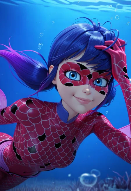 (masterpiece:1.2), (best quality:1.2), (very aesthetic:1.2), (absurdres:1.2), (detailed background), newest, sharp focus, perfect light, dynamic light, natural light, (best quality), 1girl, solo, aquabug, red bodysuit, blue eyes, twintails, long hair, gradient hair, blue hair, purple hair, happy, smile, domino mask, small breasts, underwater, air bubbles, air bubble, soft lips, blue water, face focus, face close-up, 18yo, covered navel, elbow fins, hand in own hair, looking at viewer, ((floating hair))