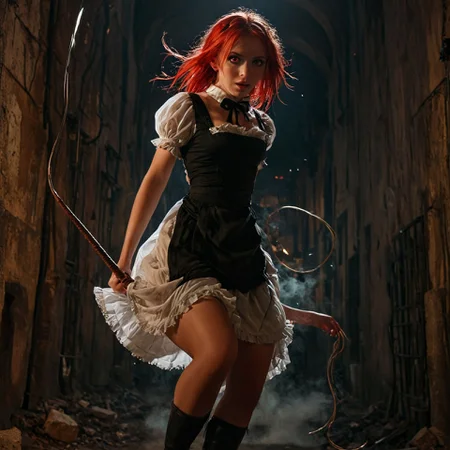 masterpiece, ultra-detailed, action style, radical motion, extreme perspective, 1girl, red eyes, fairy red hair, maid outfit, combat boots, leaping through the air, swinging a whip, vibrant colors, whimsical but dangerous scene, night shot, late night, exterior, dark alleyway, dynamic composition, Smooth Quality