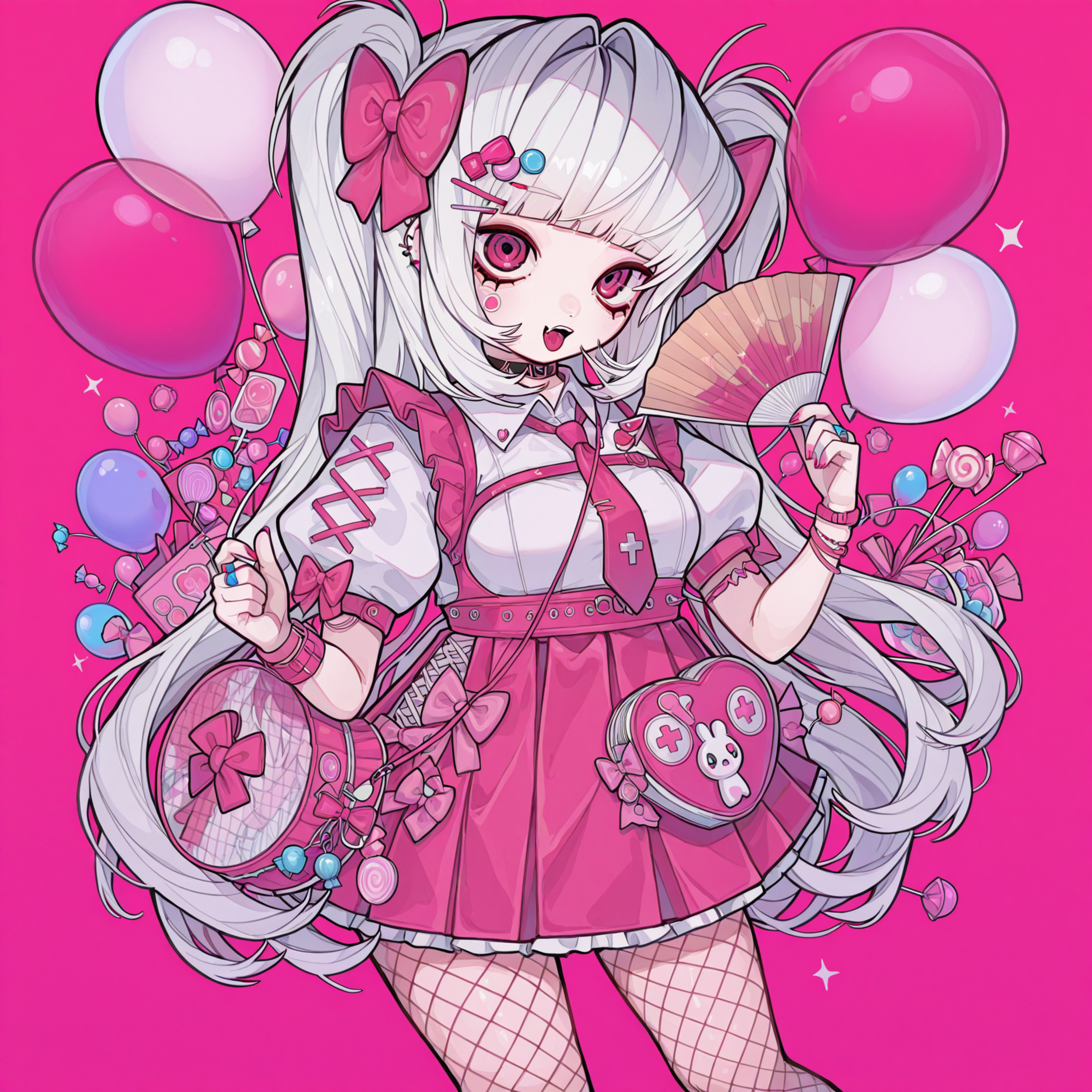 lazypos, tira_maid, pink background, pink bow, bag, solo, balloon, long hair, candy, hand fan, fishnets, necktie, food