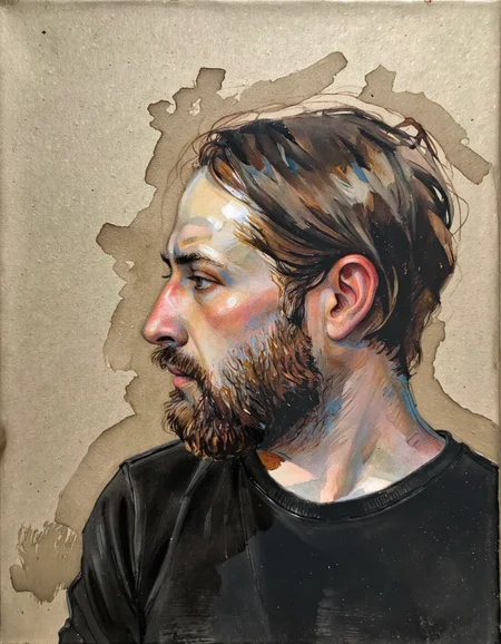 By Craig Hanna. A realistic, semi-realistic portrait of a man with a beard and short hair, captured from a profile camera angle, in a neutral expression. the subject, a middle-aged man with short, dark brown hair and a thick beard, appears to be looking to the side, with a serious expression on his face. he has a prominent nose and a prominent chin, and his facial features are detailed with a mix of beard and mustache. the background is a plain, beige-colored paper with a rough texture, and the artist's signature is visible in the bottom right corner. the man is depicted in a profile view, with his upper body facing the viewer. he is wearing a black shirt, which is slightly blurred, adding to the sense of depth and dimension to the image. the lighting is soft and diffused, highlighting the man's facial features and the texture of his hair and beard, creating a sense of realism and texture.