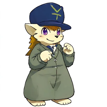 furry, kemono, hedgehog, cute, zPDXL2, zPDXLpg, zPDXL, hat with yen sign, male, smile, solo, purple eyes, look at viewer, simple background, short height, short man, fat leg, fat body, full body, digital art, highly detailed, simple background, white background, j_drawing