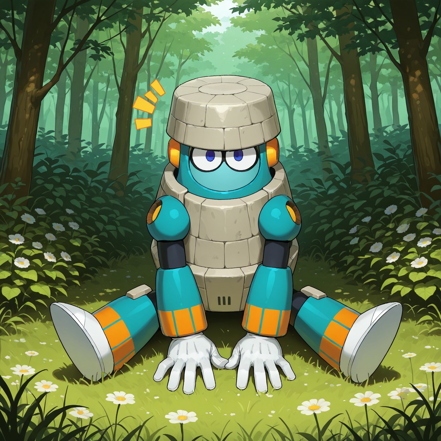2d, solo, 1boy, Blockman, male, helmet, robot, white gloves, multicolored body, blue eyes, 

BREAK outside, forest, flowers, trees, bushes, sitting, on grass, looking at viewer, notice lines, arms in front, calm 

BREAK best quality, amazing quality, very aesthetic, absurdres, newest, high quality, masterpiece 