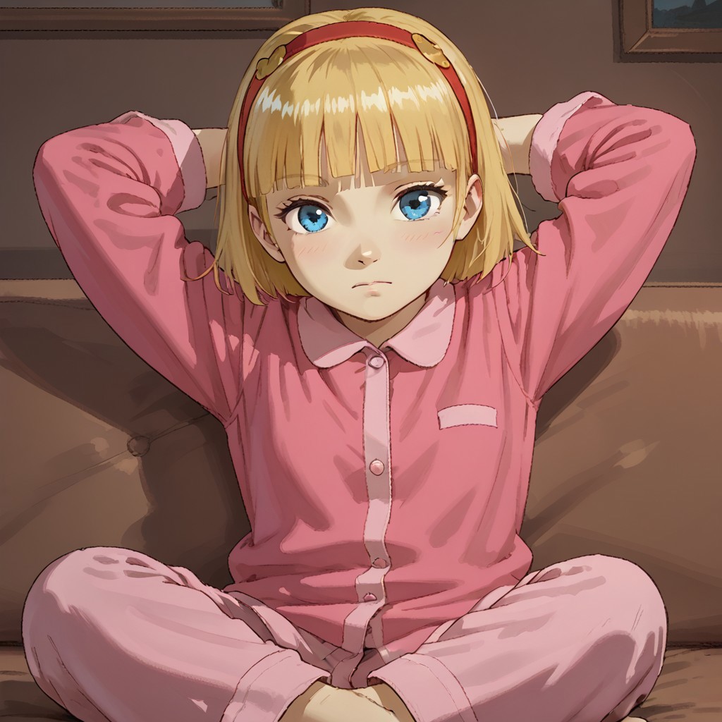 score_9, score_8, score_7, break, solo, lillian_h, 1girl, blonde hair, short hair, hairband, blue eyes, blunt bangs, pajamas, sitting, sofa, hands behind head, cute, looking at viewer