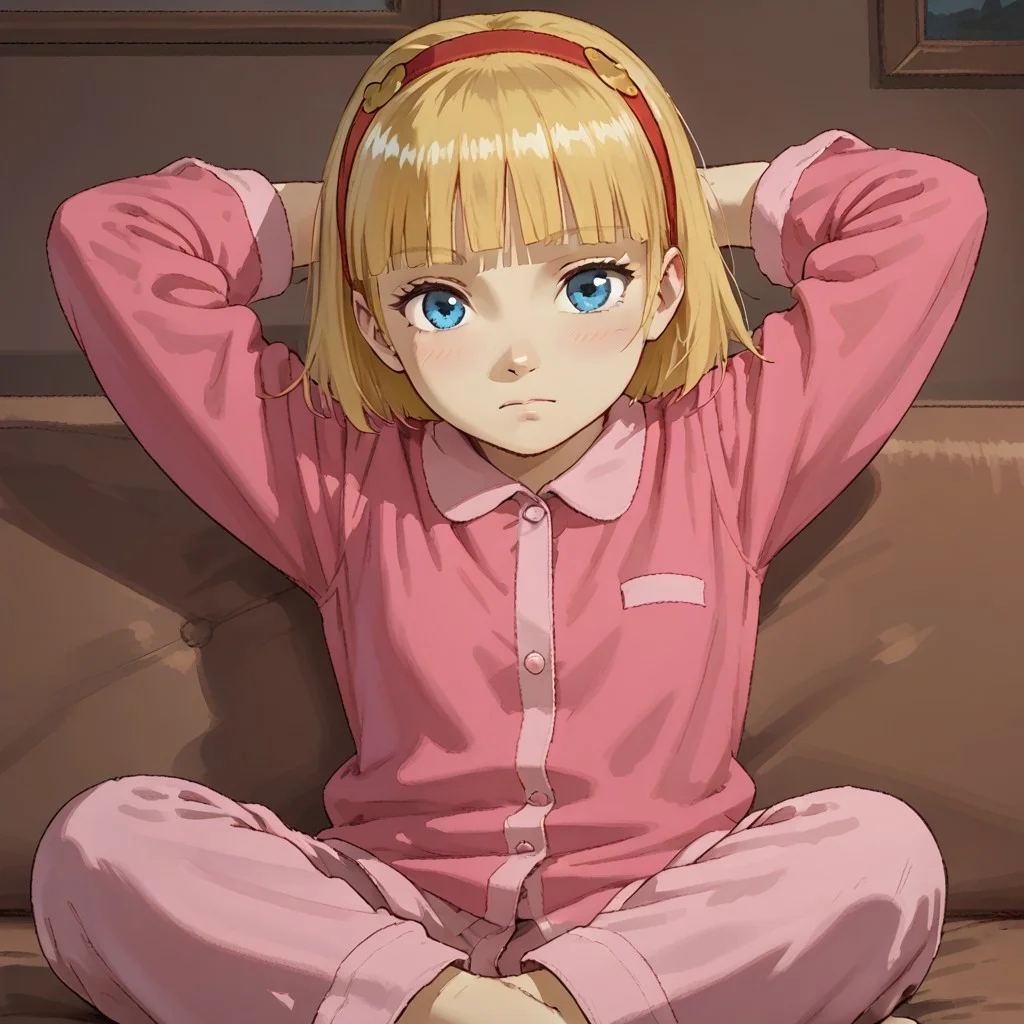 score_9, score_8, score_7, break, solo, lillian_h, 1girl, blonde hair, short hair, hairband, blue eyes, blunt bangs, pajamas, sitting, sofa, hands behind head, cute, looking at viewer