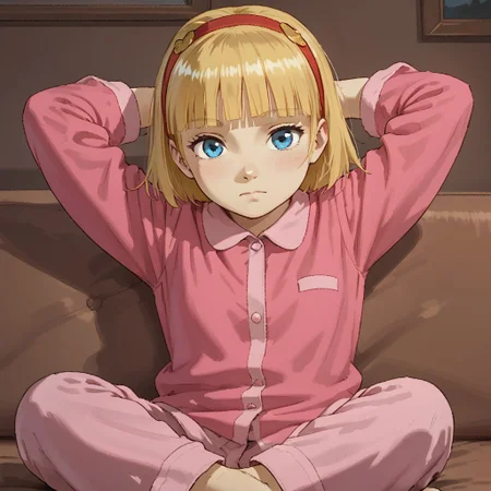 score_9, score_8, score_7, break, solo, lillian_h, 1girl, blonde hair, short hair, hairband, blue eyes, blunt bangs, pajamas, sitting, sofa, hands behind head, cute, looking at viewer