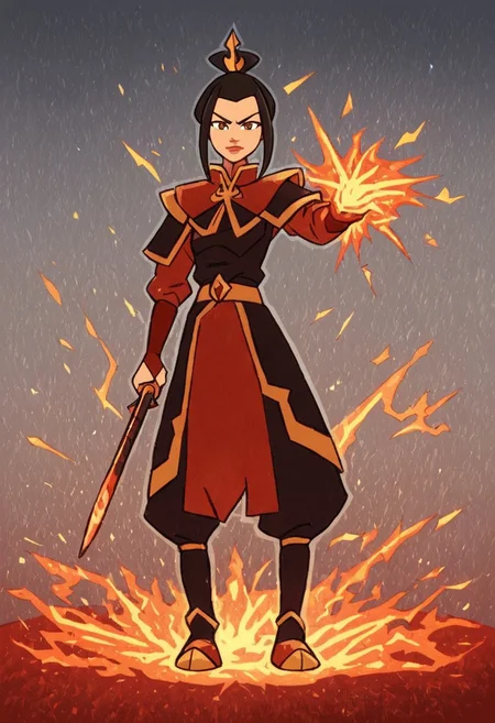 Azula, the fierce and cunning firebender, stands confidently at the center of the scene, wielding a bolt of lightning in her hand. Her eyes are sharp and intense, reflecting her unwavering determination and strategic mind. She is dressed in her traditional Fire Nation armor, which glows with shades of deep red and black, accented by golden details. Her long, dark hair flows behind her like a trail of smoke, subtly moving as if stirred by an unseen breeze. The background is a dramatic, volcanic landscape under a blood-red sky, with molten lava flowing across jagged rocks and plumes of dark smoke rising into the air. Blue flames dance around her, highlighting her unique firebending abilities and adding a contrasting, electric blue hue to the predominantly warm color palette. The atmosphere is charged with tension and raw power, as Azula embodies the dangerous and unpredictable force of fire and lightning. Her stance is both regal and intimidating, conveying a sense of control and command over the elements she wields. The image should be rendered in maximum ultra-high-definition quality, with detailed textures and ultra-realistic lighting to capture the glow of the flames, the sharpness of the lightning, and the intensity of the scene. The special effects should emphasize the crackling energy of the lightning and the heat of the flames, creating a dynamic 8K high-definition image with realistic lighting to enhance the dramatic and powerful atmosphere.